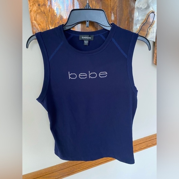 Bebe Vintage GUC blue rhinestone logo nylon tank top large - Picture 1 of 7